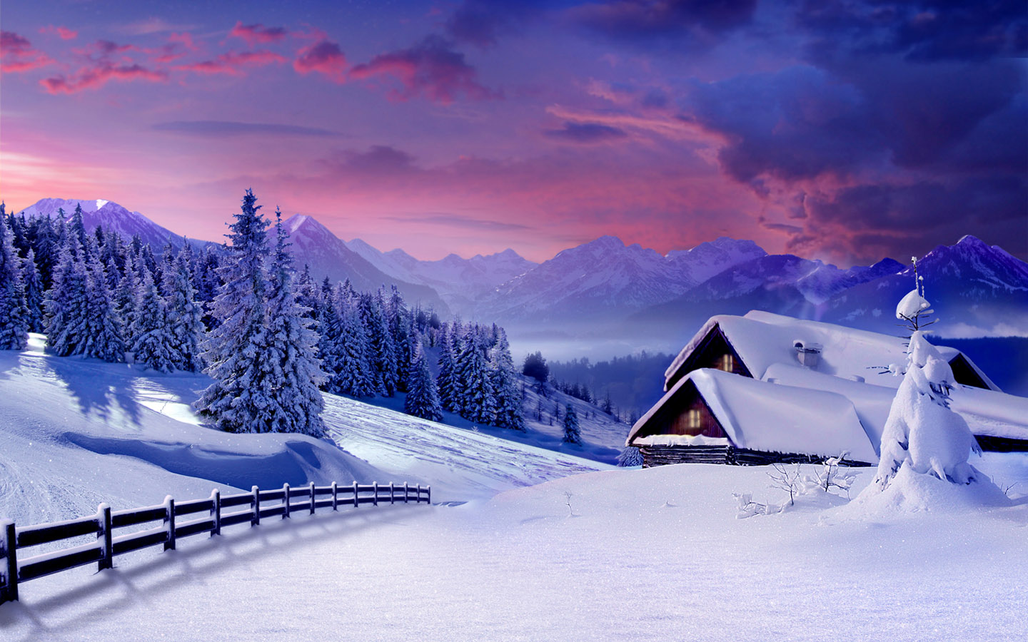 The hut landscape wallpaper in the snow
