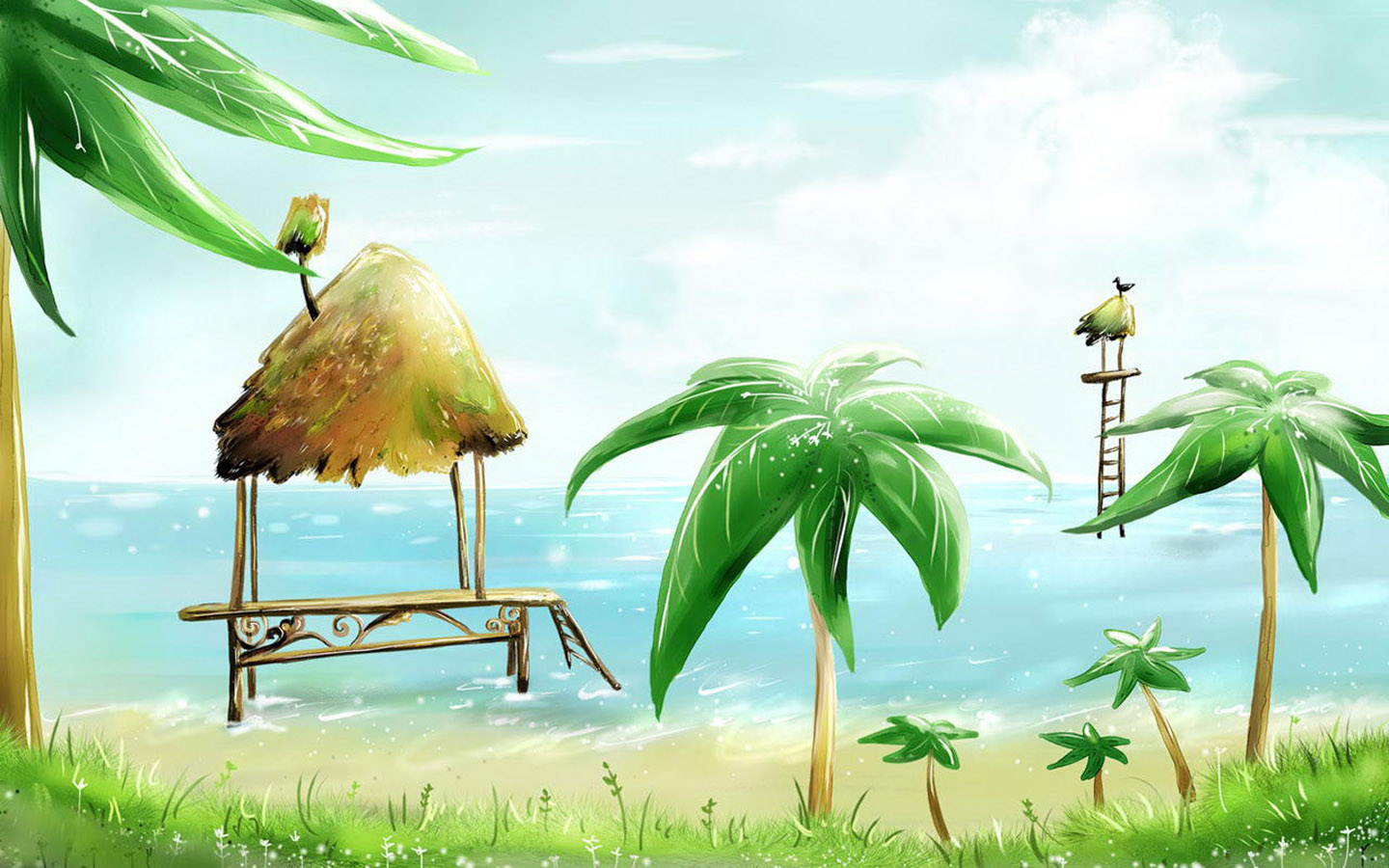 Hand-painted coconut tree desktop background picture
