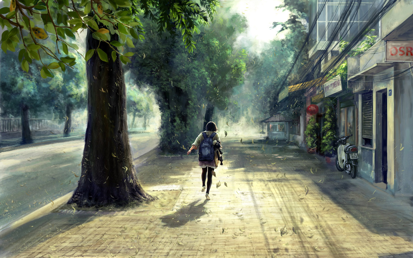 Girl going to school landscape wallpaper