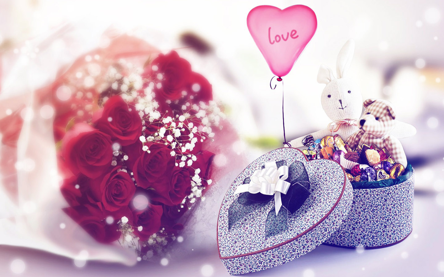 Little Rabbit Bear Valentine's Day Gift Box Desktop Wallpaper
