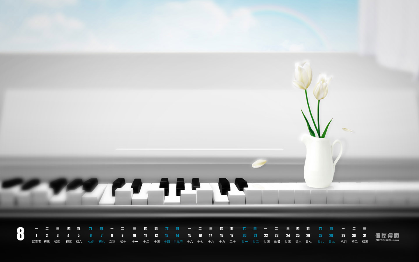 Flowers and piano August 2011 calendar wallpaper