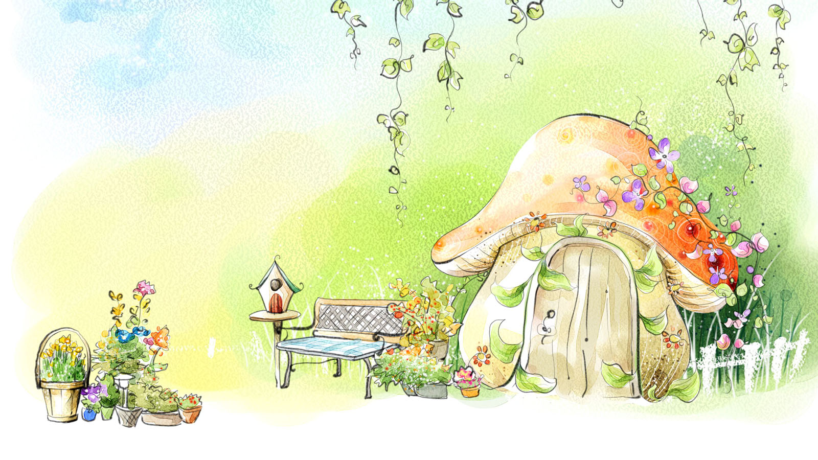 Mushroom Cottage Fairy Tale Landscape Wallpaper