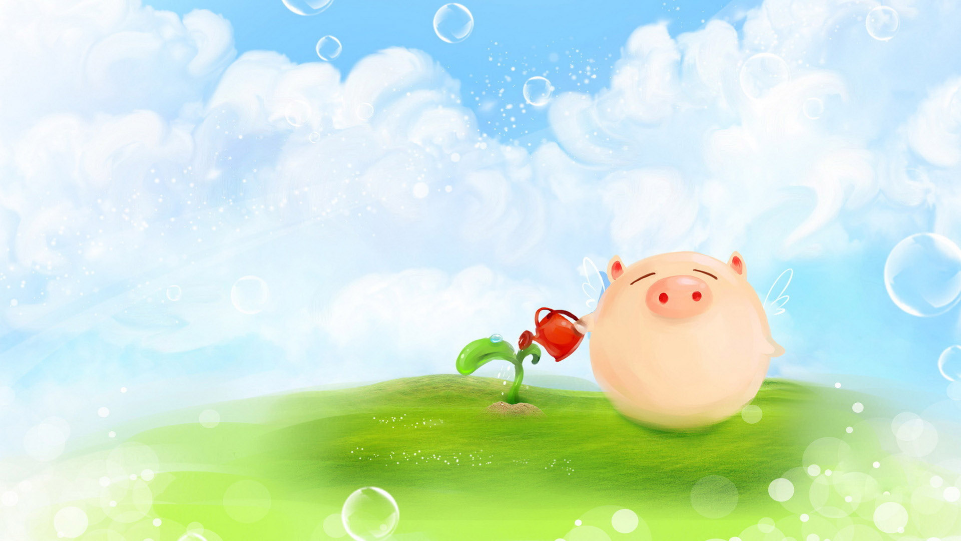 Piggy desktop wallpaper watering flowers