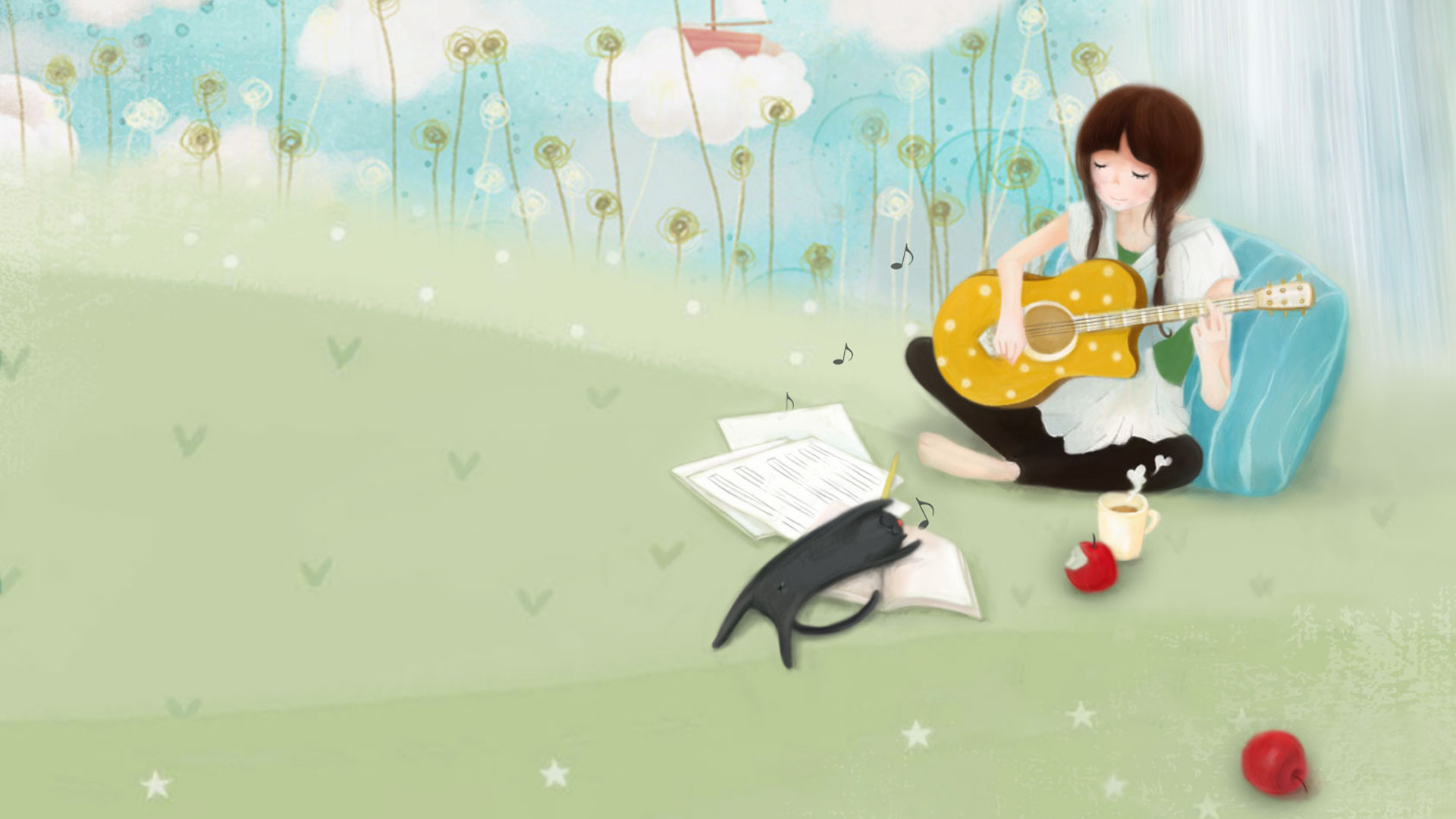 Girl playing guitar and cat desktop wallpaper