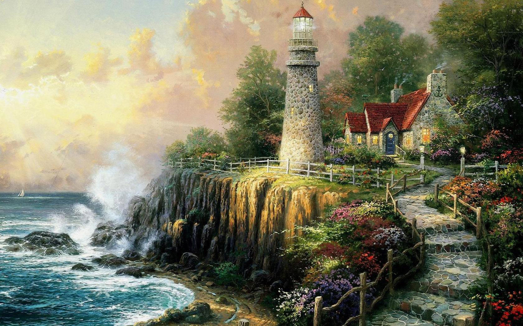 Oil painting seaside villa scenery desktop wallpaper