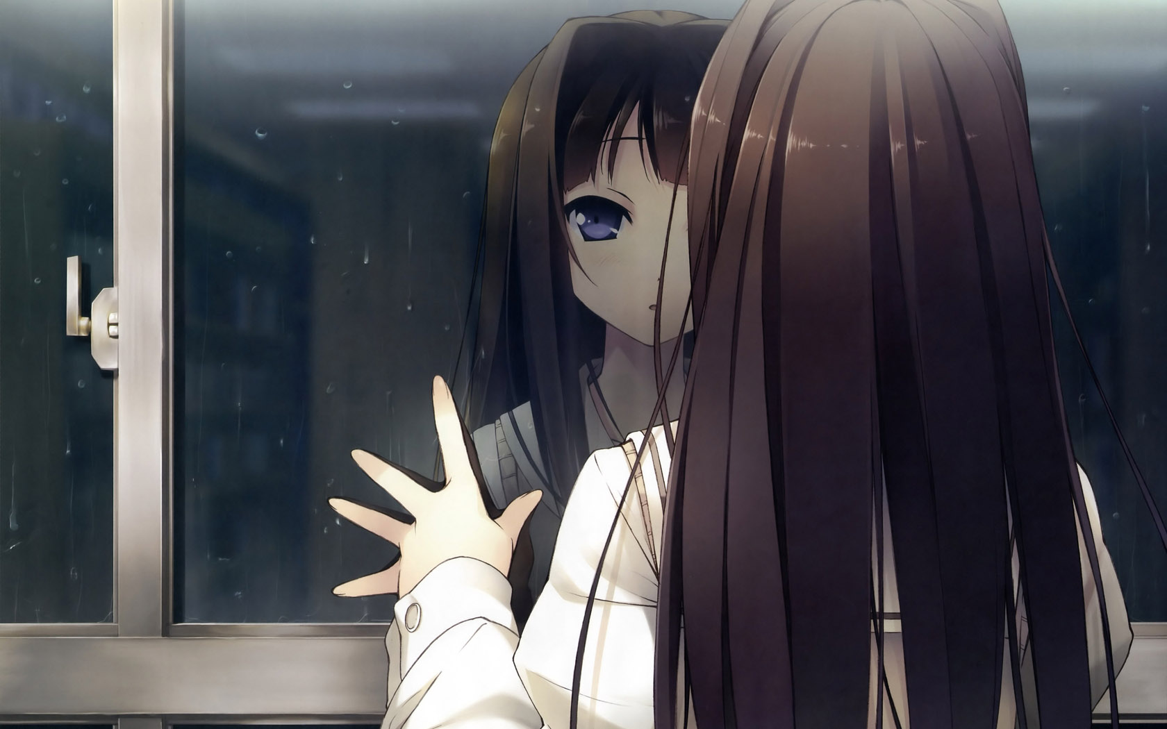 Anime girl desktop background picture in front of glass window