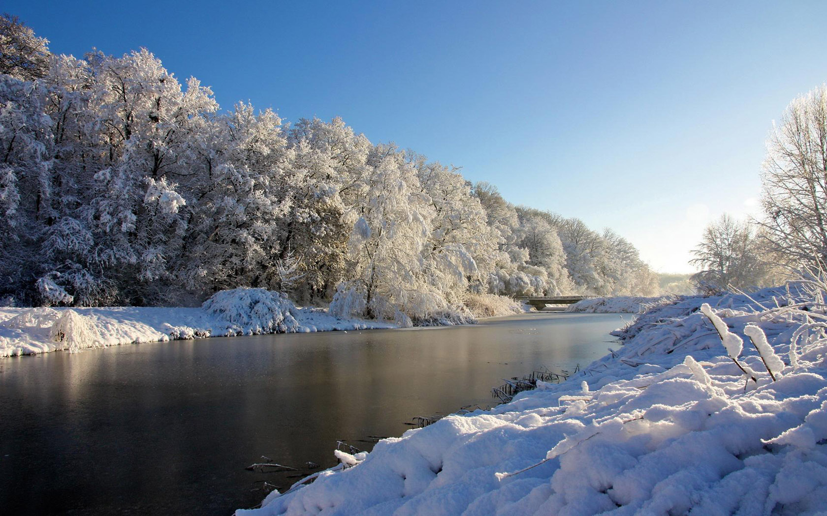 Winter Riverside Landscape Desktop Wallpaper